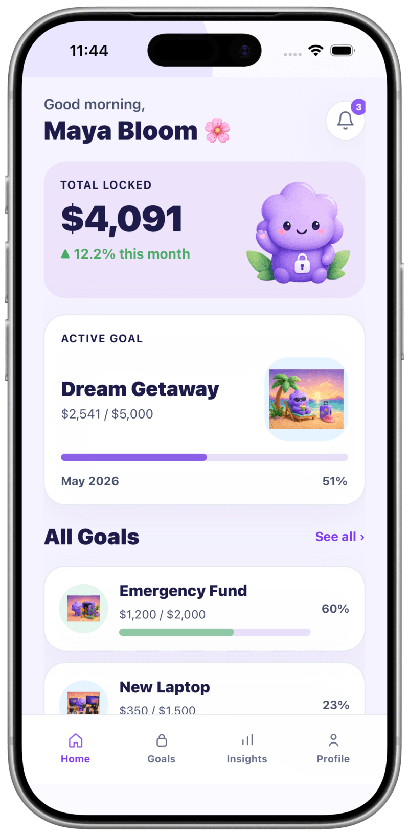 Bloomin's home screen on an iPhone: total locked $4,091, an active Dream Getaway goal at 51%, and the list of all goals.
